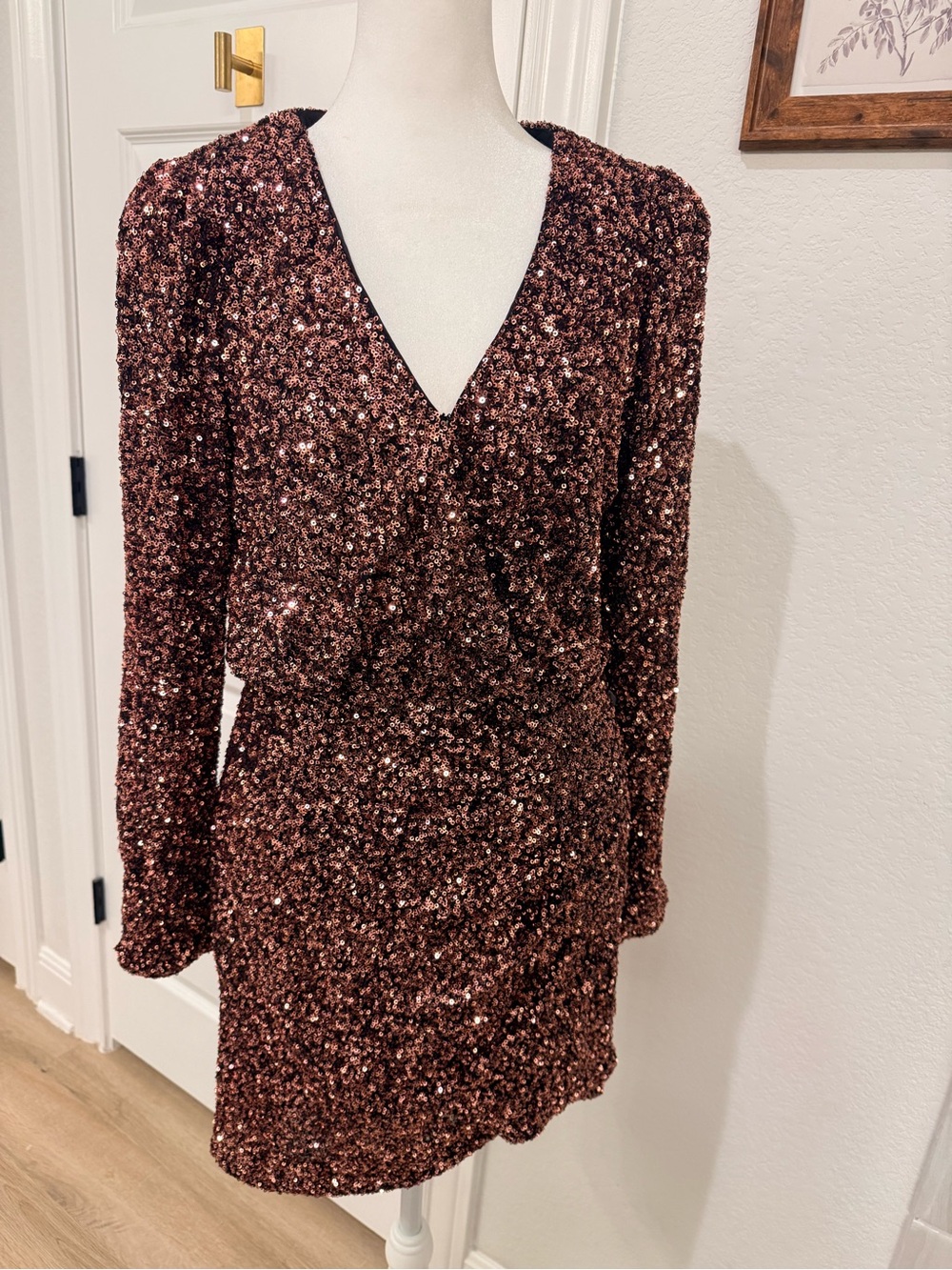 Astr Rose Gold Sequin Long Sleeve V-Neck Dress